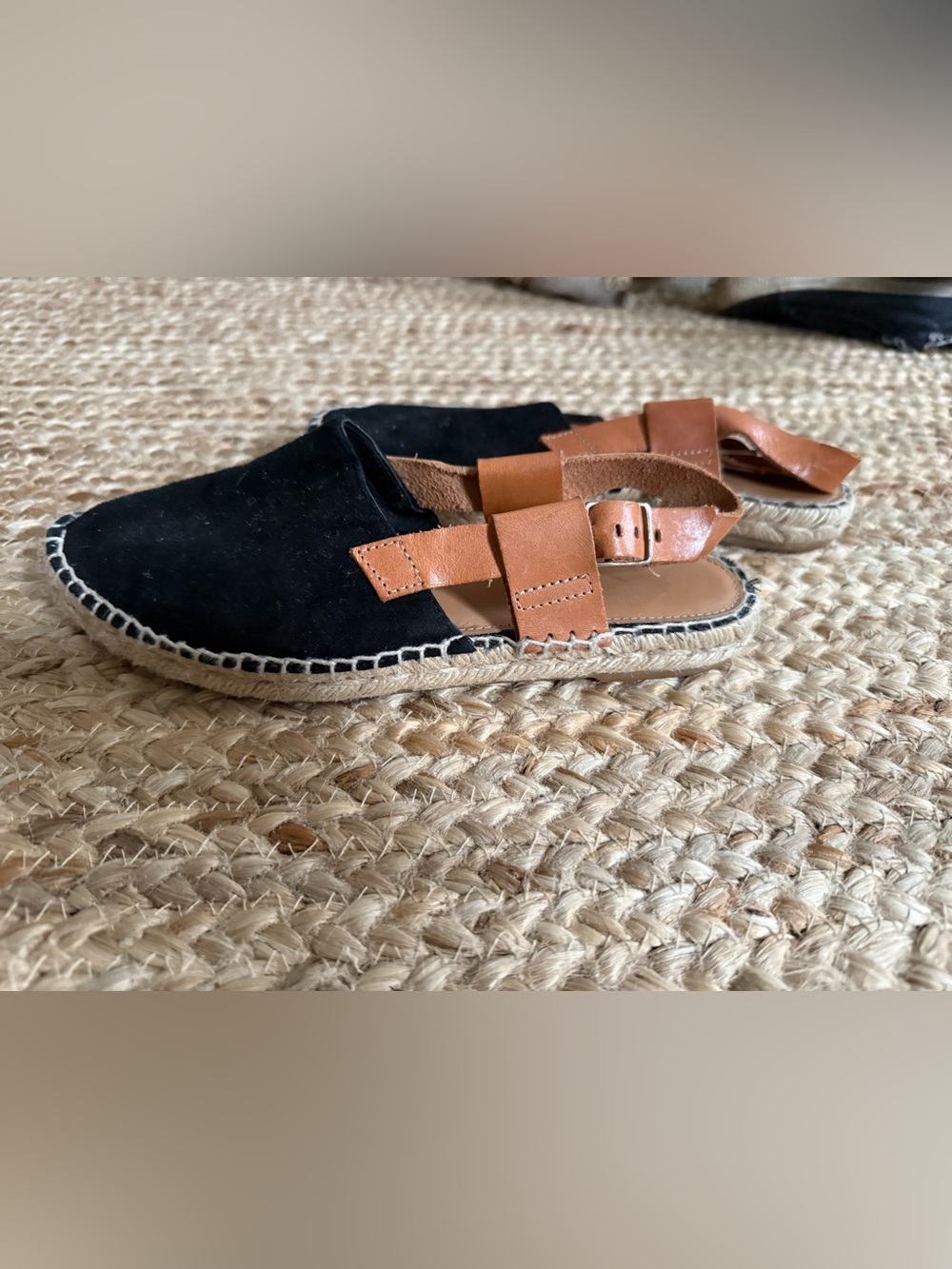 Black Suede Espadrille Sandal with Tan leather Straps